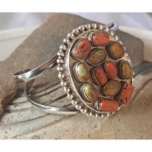 Native American NAVAJO Coral Sterling Silver Cuff Bracelet 6"
